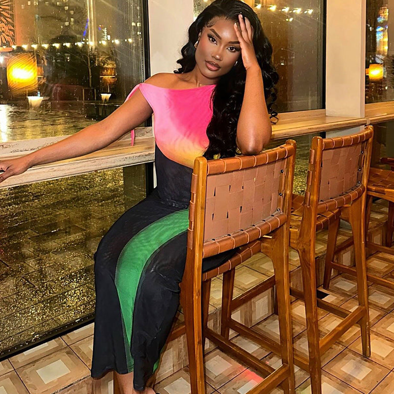 Women Colorblock Lace Off Shoulder Slash Shoulder Dress