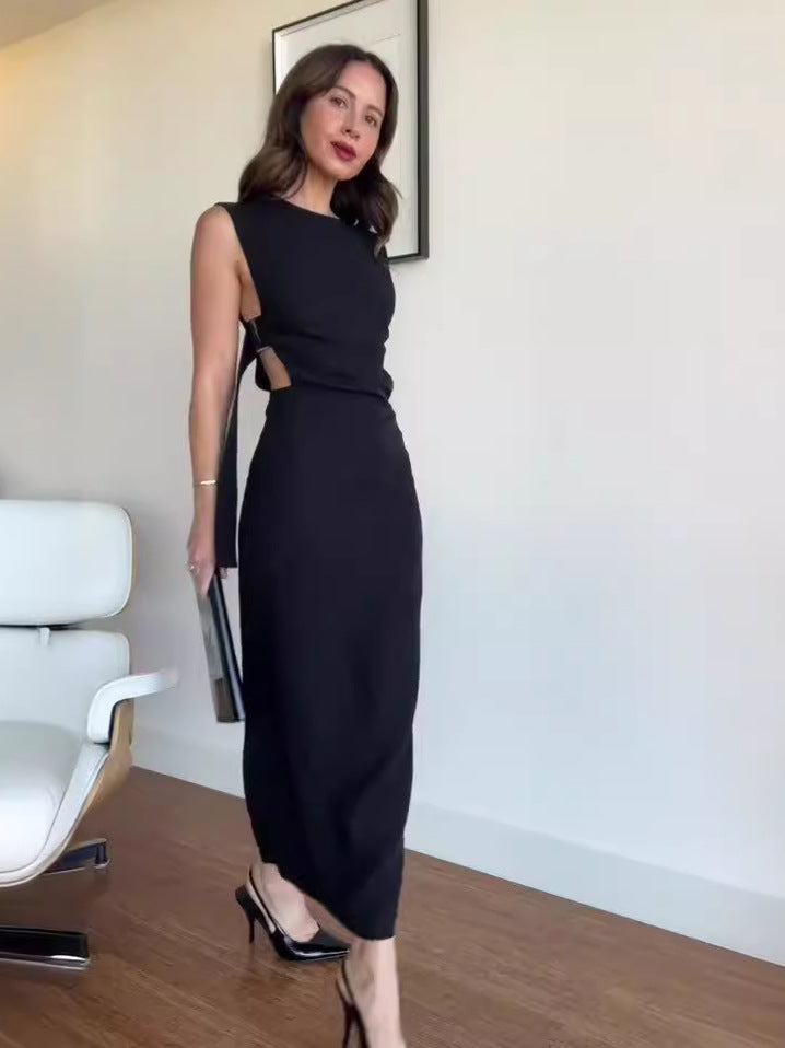 Summer solid color round neck sexy low back High slit long dress 4