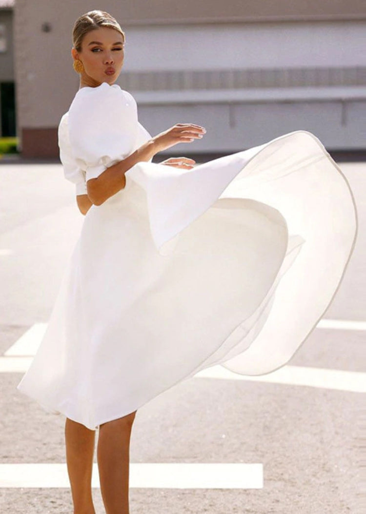 Summer Formal White Puff Sleeve O-Neck Prom Dress 3