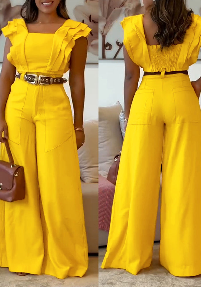 Women's flying sleeve slim waist top high waist A-line wide-leg pants Two Piece Set
