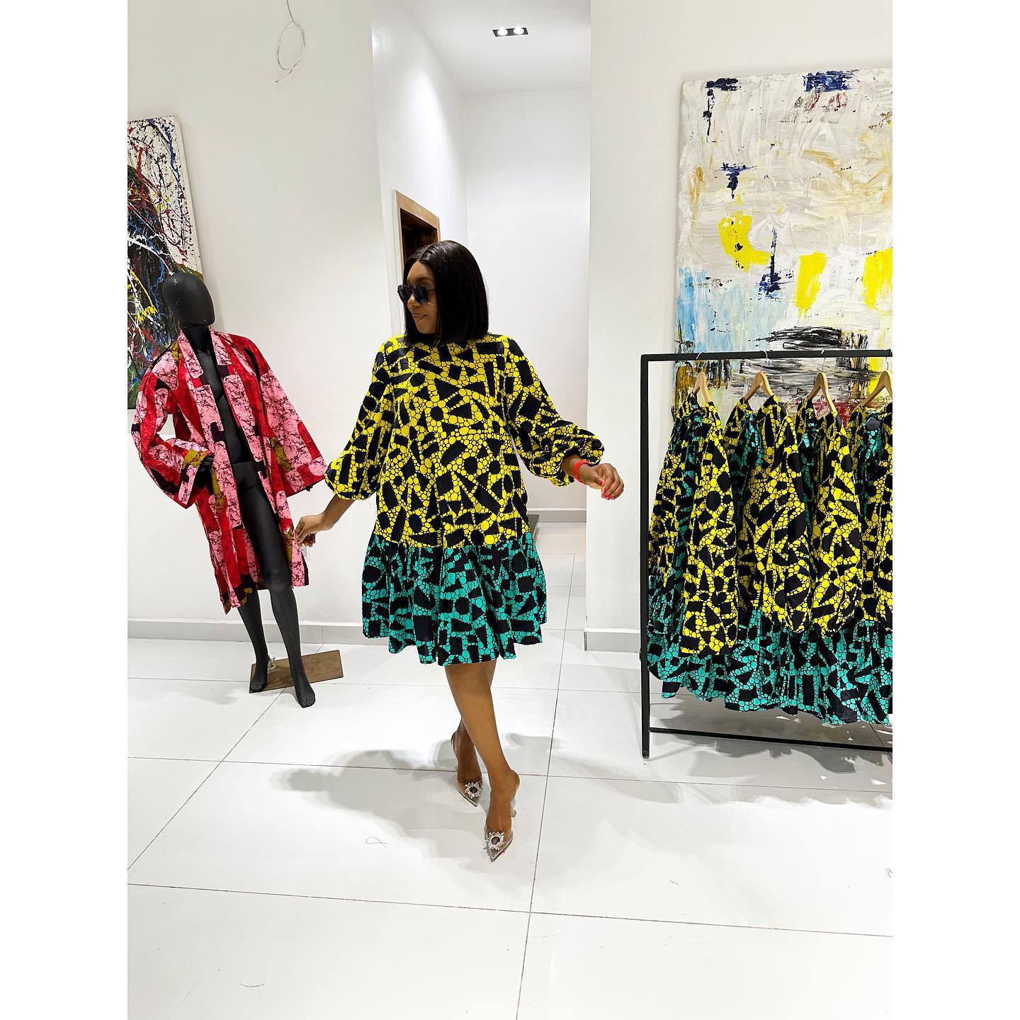 Women Printed Lace-Up Balloon Sleeves Loose Large Hem Round Neck Dress 15