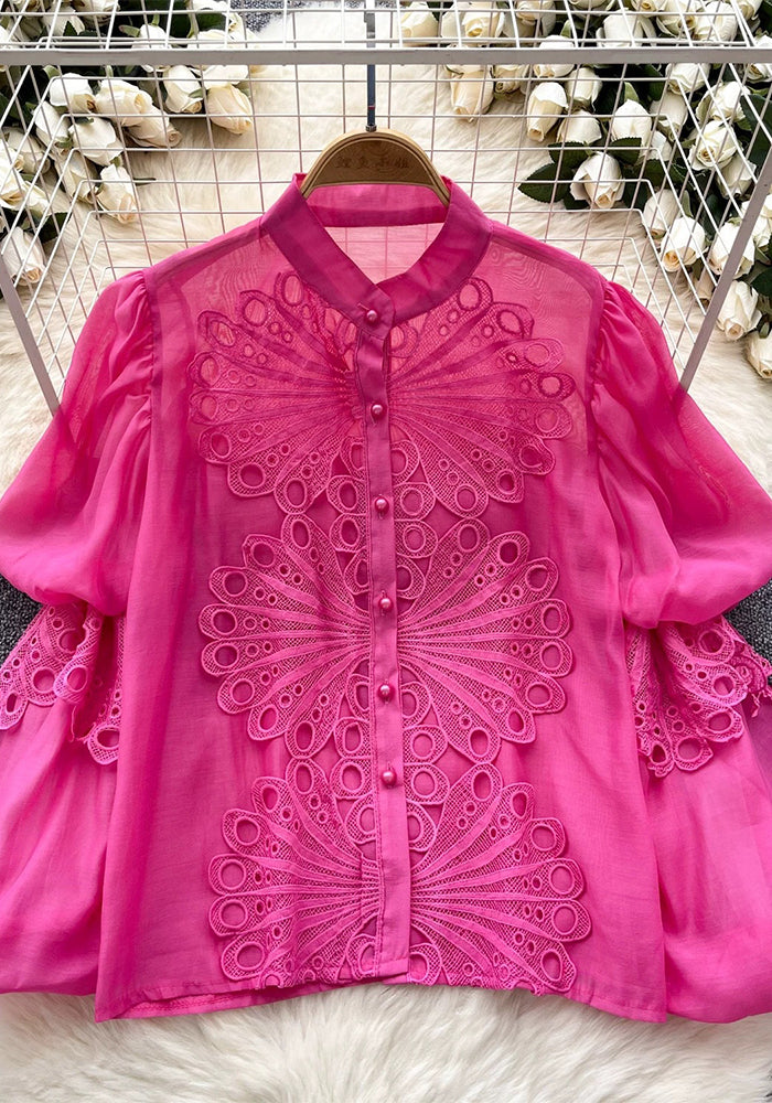 Women Stand Collar Lantern Sleeve Embroidered Openwork Lace Crop Top