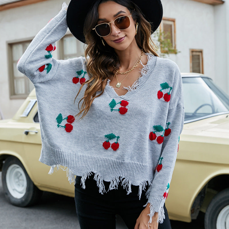 Women Loose V-Neck Tassel Crop Sweater 6
