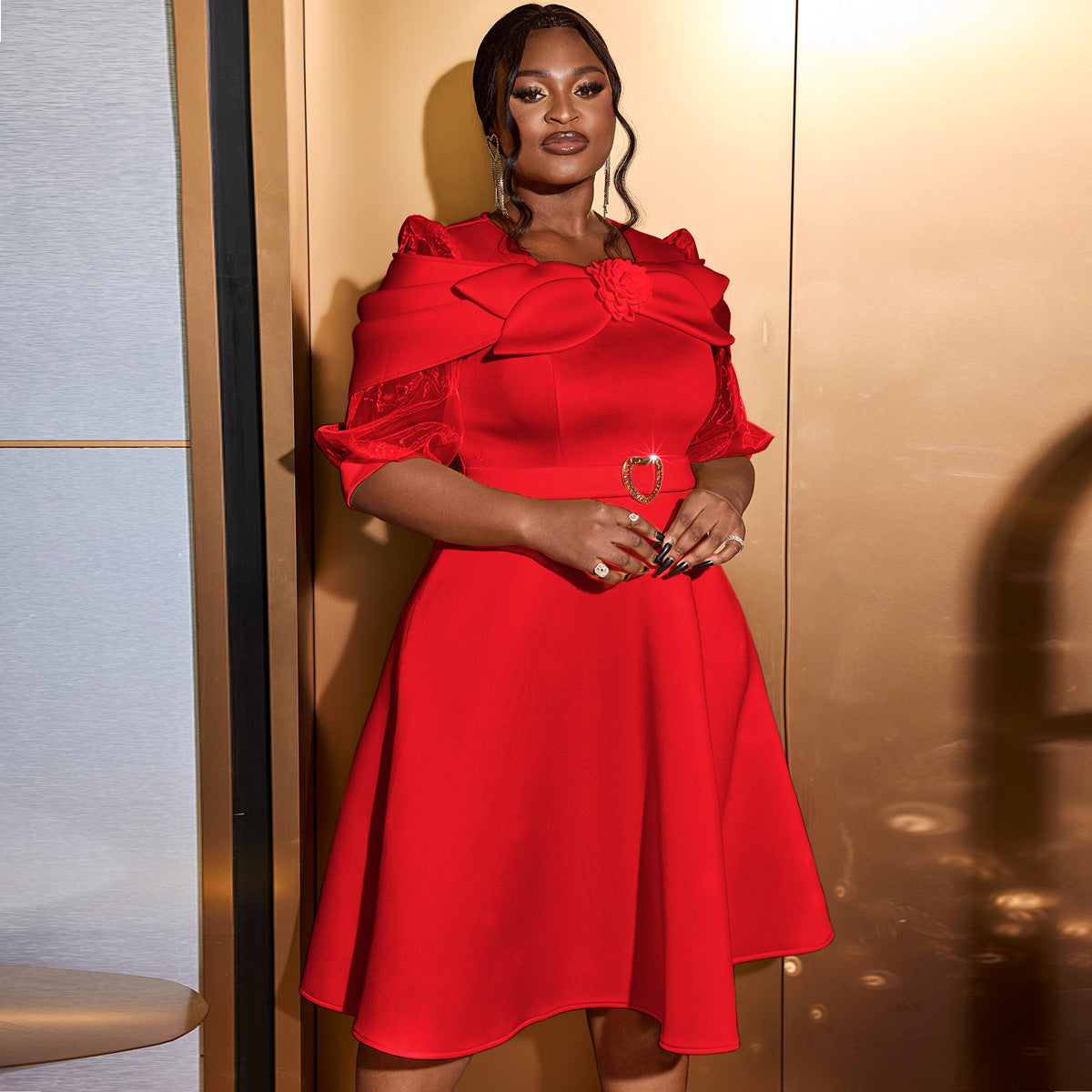 Women bow party puff sleeve Dresses