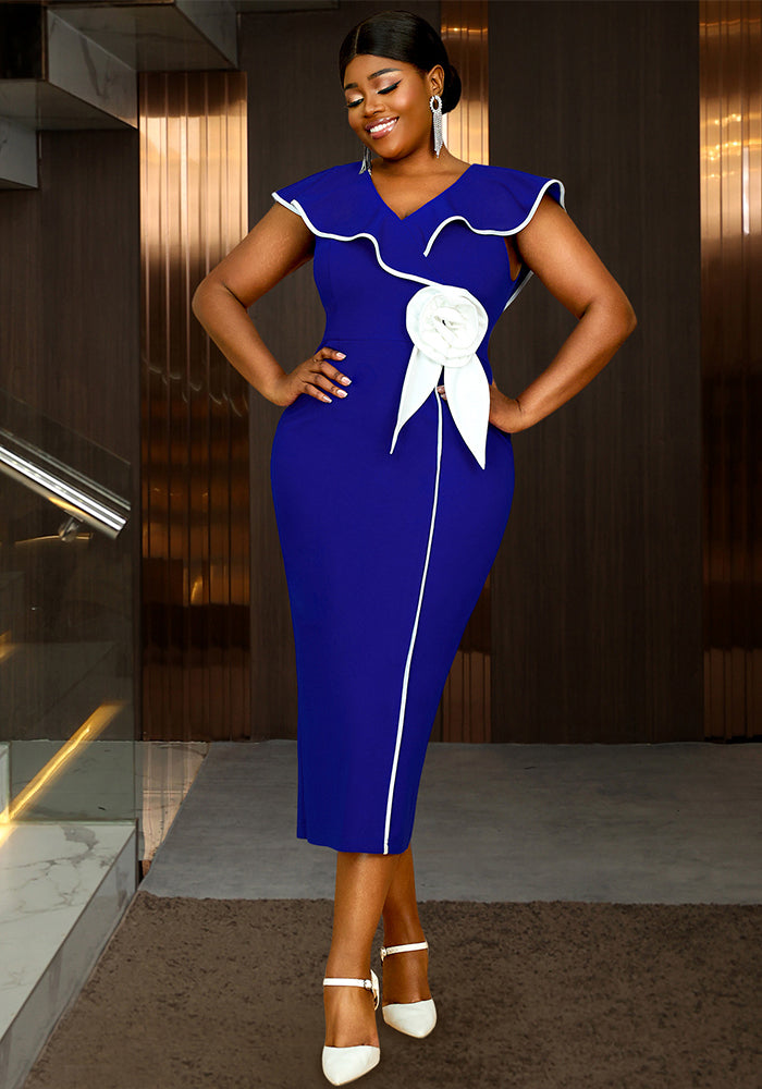 Plus-Size Contrast Flower Ruffle Sleeve Elegant Chic Formal Party Dress