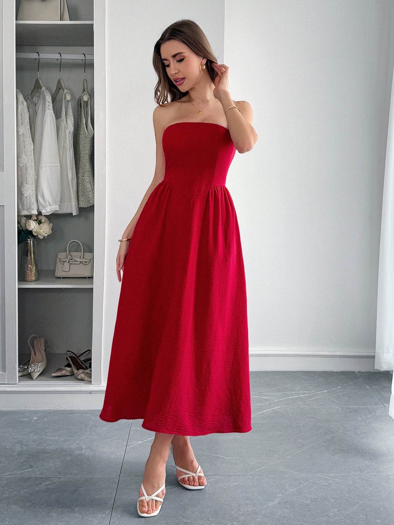 Spring/Summer Women's Elegant Holidays Strapless Slim Waist Long Dress 6
