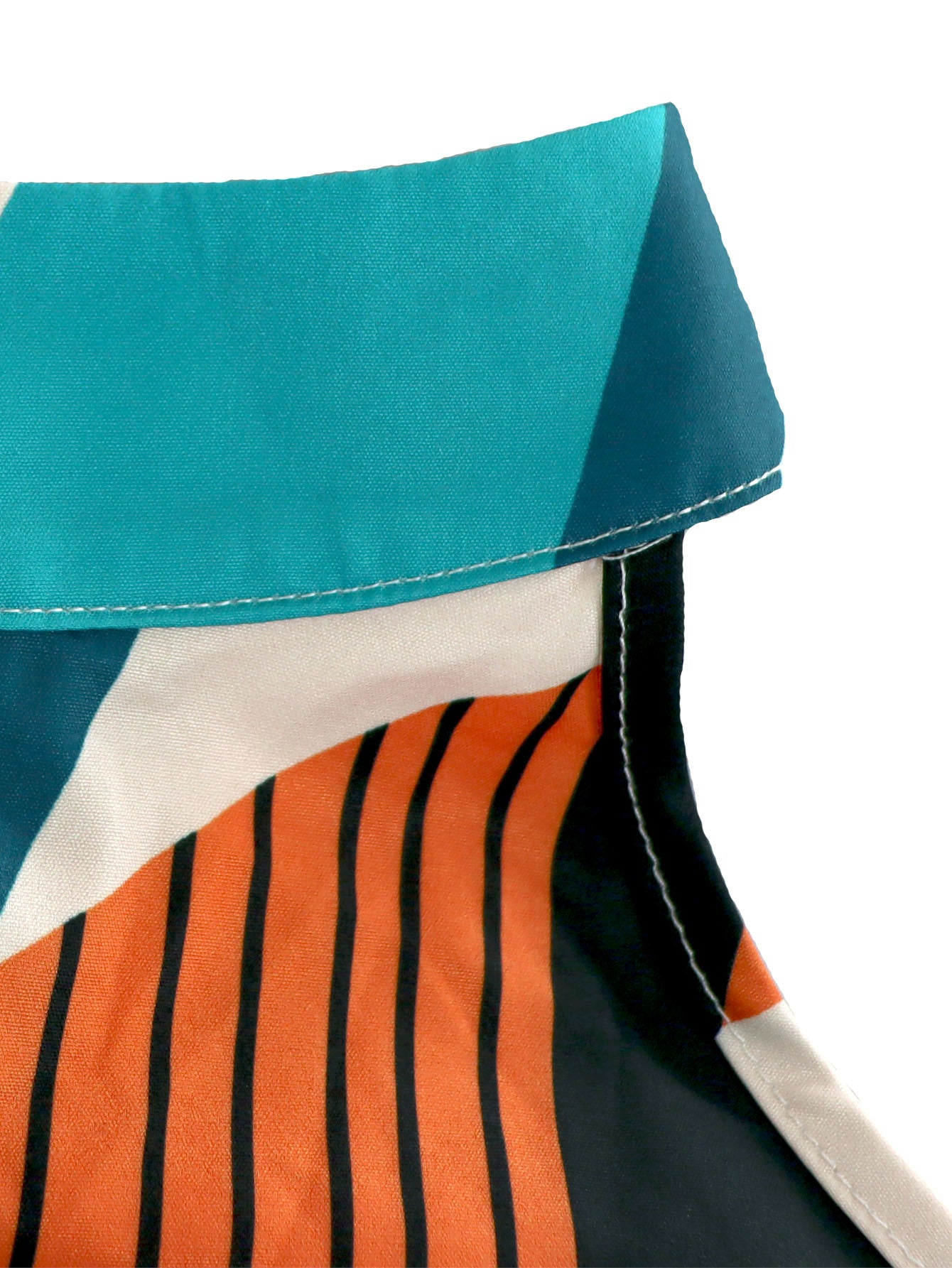 Plus Size Women's Bohemian Sleeveless High-Neck Geometric Print Color Block Tie-Waist Dress 6