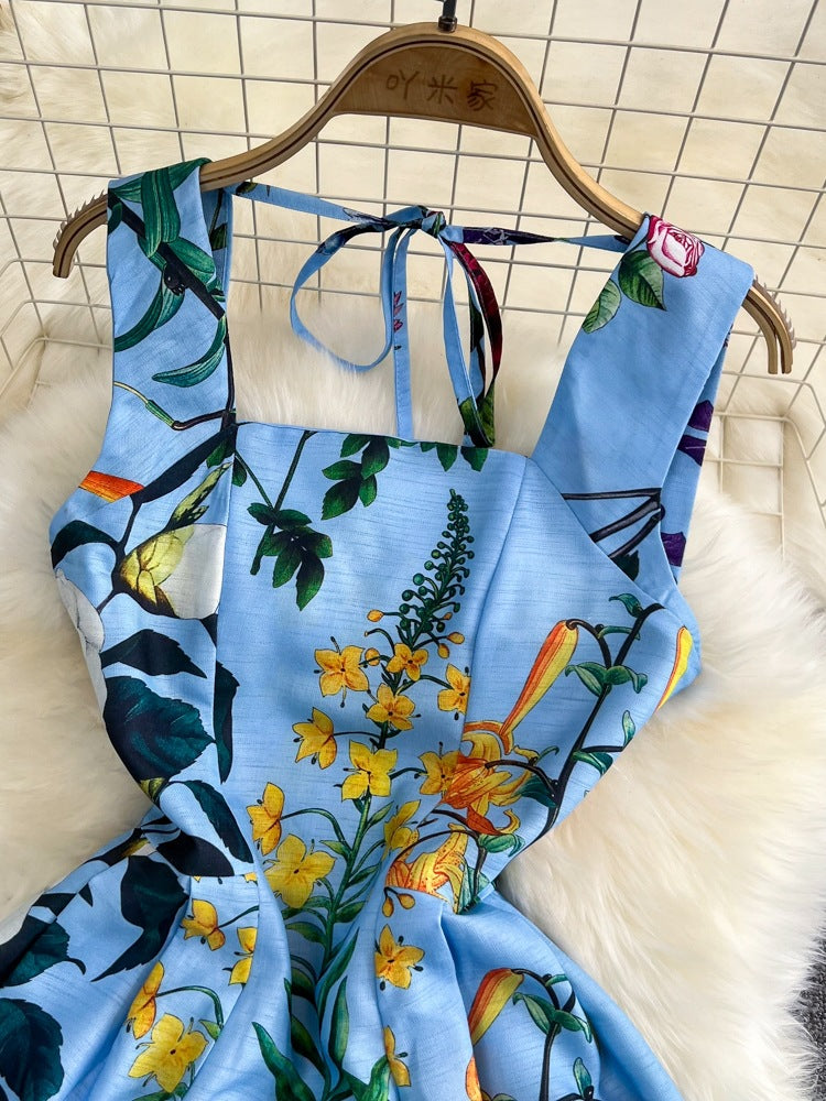 Retro Straps Fashionable Printed Slim Waist A-Line Dress Beach Holidays Long Dress