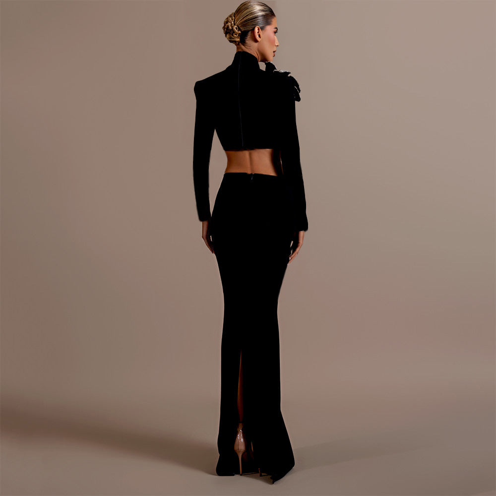 Fashionable Diamond Bandage Skirt Suit Long Sleeve Half High Collar Short Top Long Skirt Women Two-Piece Set 3