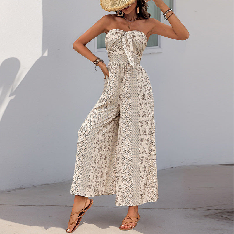 Summer Print Casual Tied Strapless Wide-Leg Jumpsuit 6