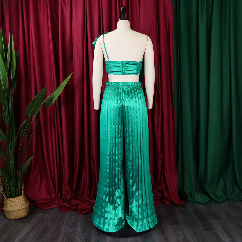 Women's Slash Shoulder Low Back Ruffled Sexy Top Pleated Wide Leg Pant Two-Piece Set 18