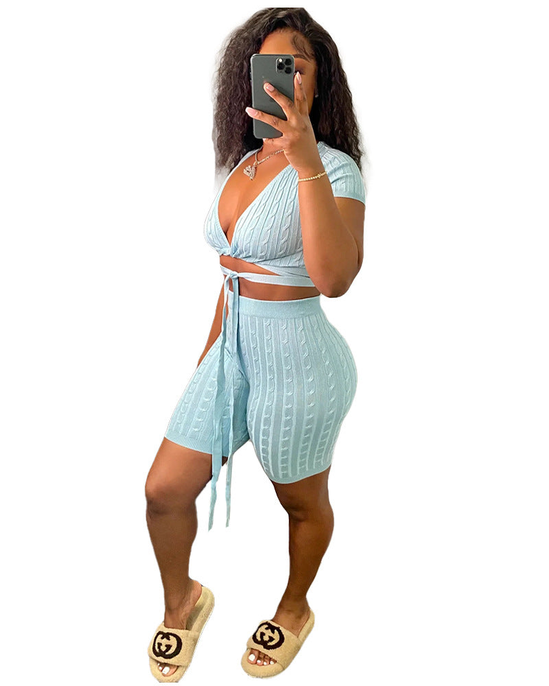 Women's Solid Color Lace-Up Tight Fitting Ribbed Sexy Two Piece Shorts Set 7