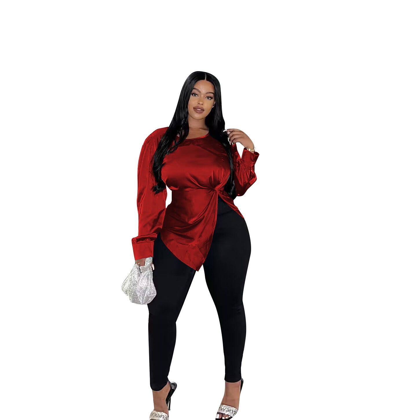 Women's Satin Casual Slit Long Sleeve Chic Top 9