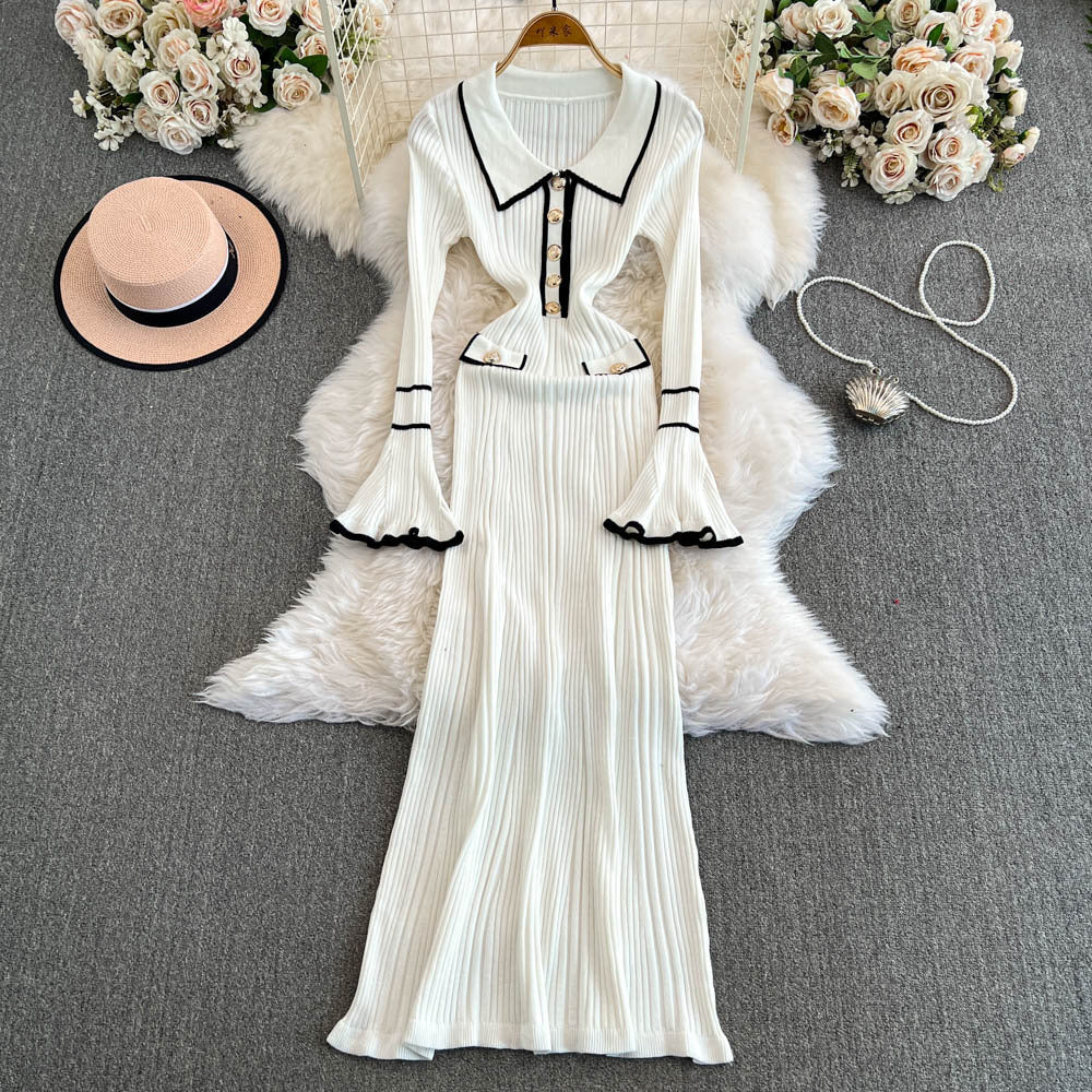 Winter Turndown Collar Knitting Dress Women Long Sleeve Fashion Chic Slim Waist Sweater Dress 8