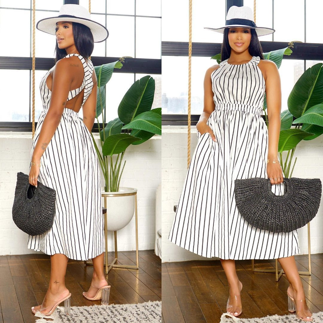 Women Striped Round Neck Sleeveless Backless Cross Straps Dress
