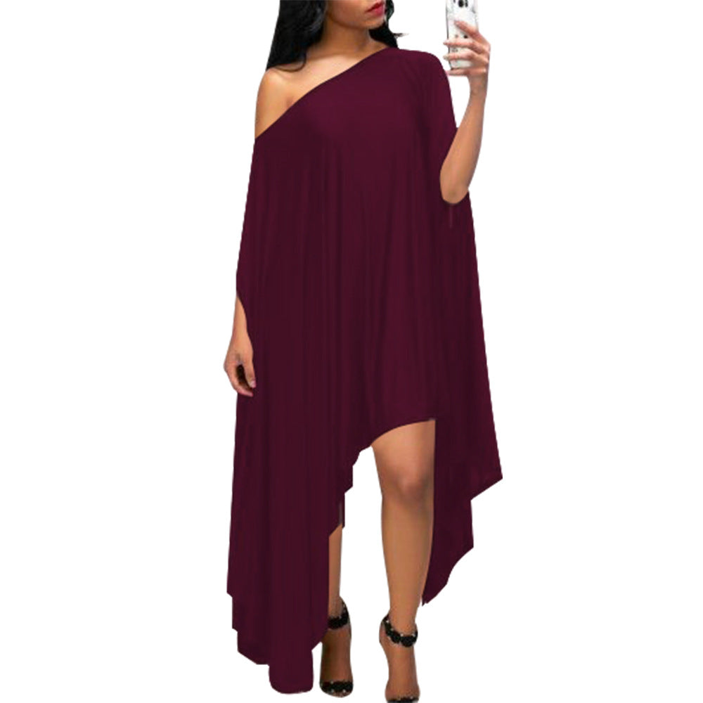 WomenSolid Slash Shoulder Bat Sleeves Dress 7