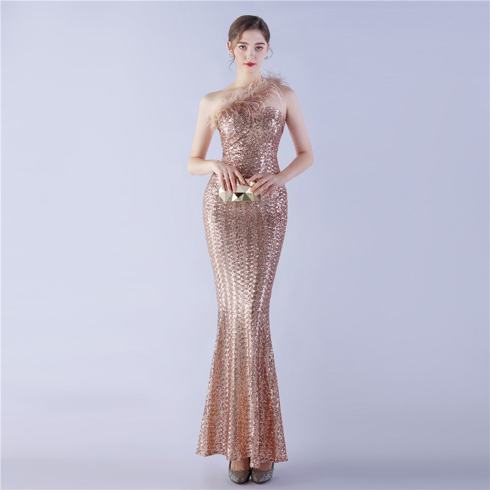 Feather One-Shoulder Slash Shoulder Sequined High-End Evening Dress 15