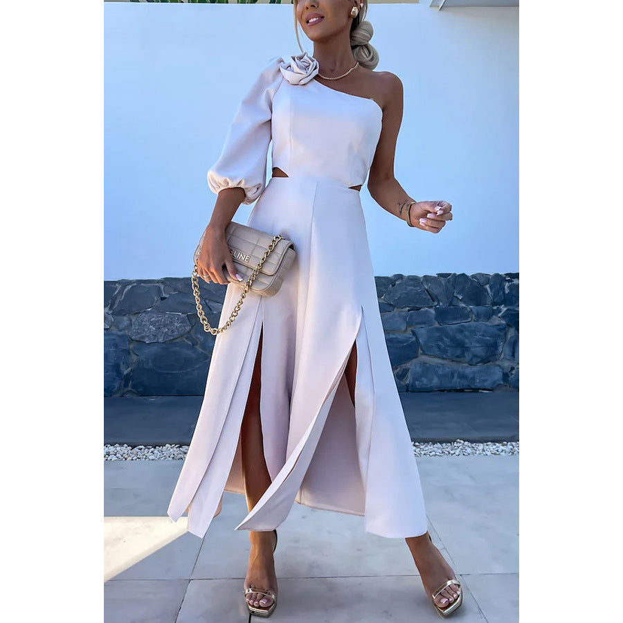 Spring Summer Slash Shoulder Slit Casual Party Satin Dress 8