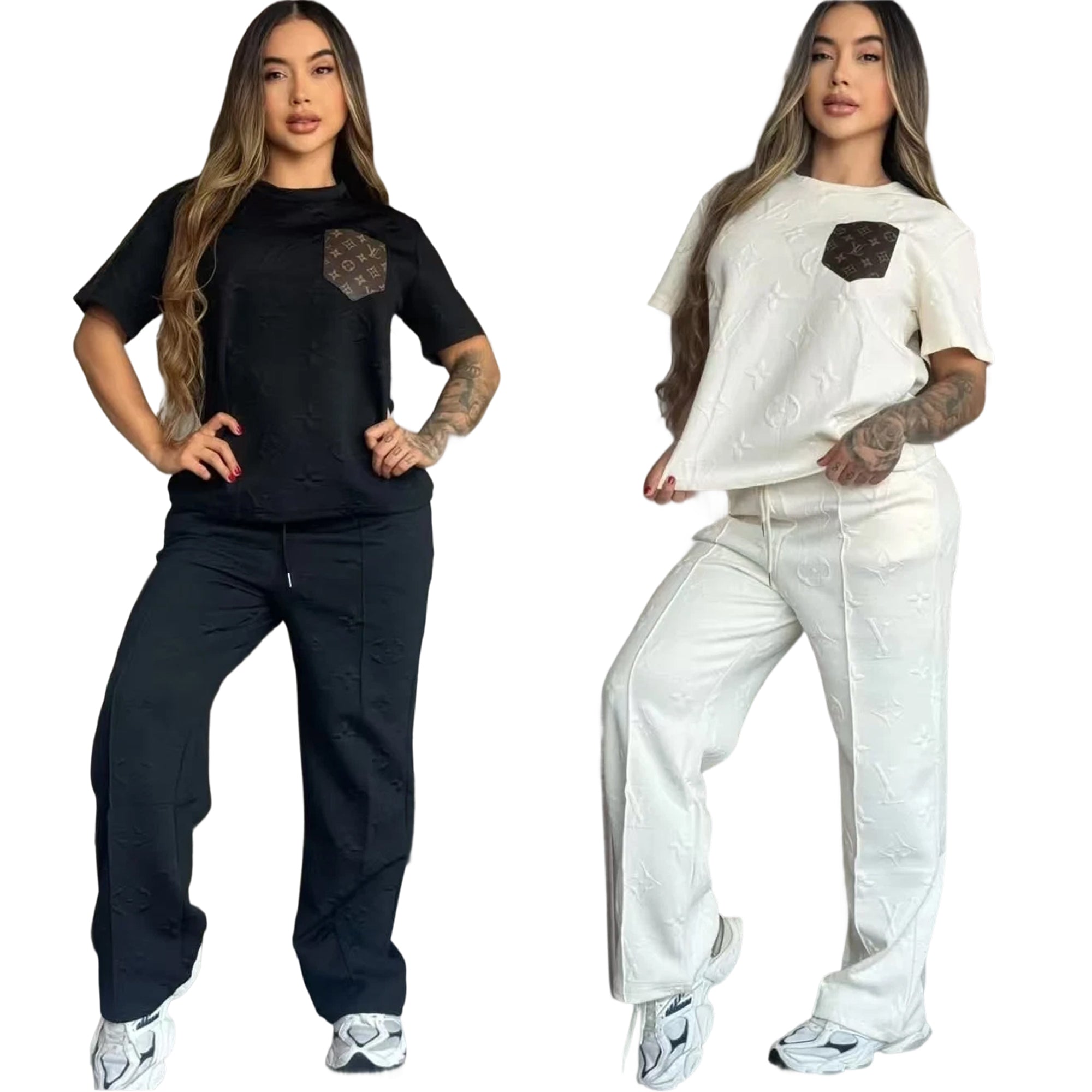 Women casual Pu-Leather pocket short-sleeved top and long pants jacquard two-piece set 17