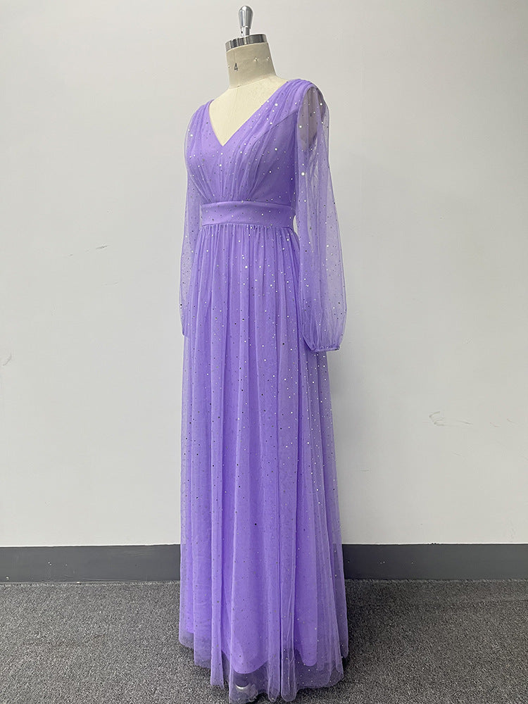 Women's Elegant V-Neck See-Through Long Sleeves Sheer Glitter Evening Gown A-Line Wedding Party Dress 11