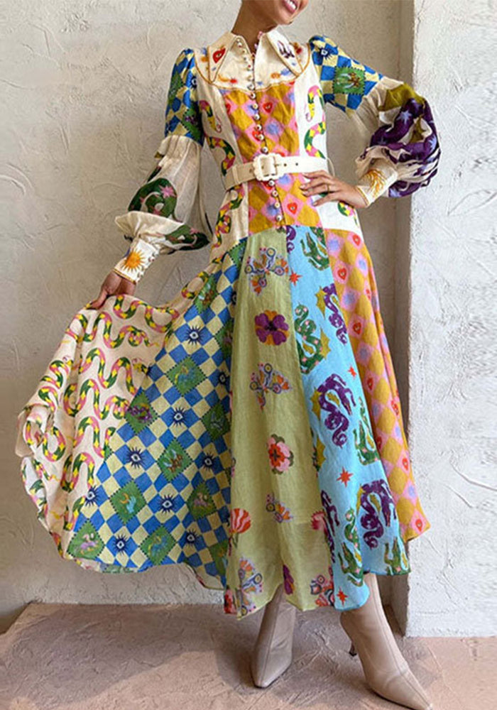 Women Chic Balloon Sleeve Turndown Collar Long Sleeve Dress 15