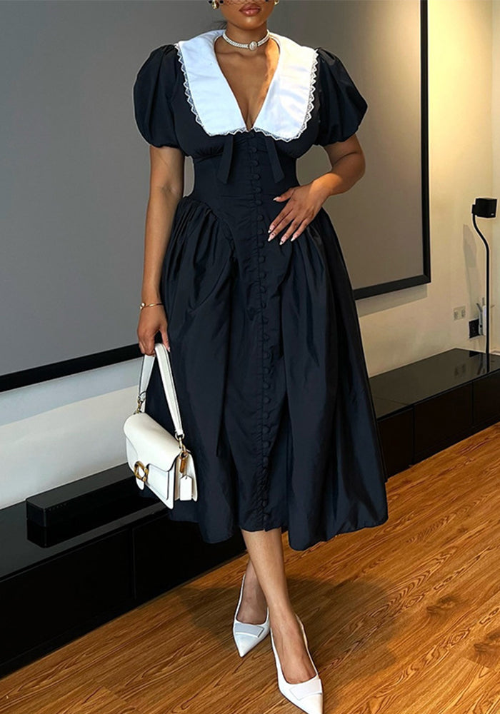 Women autumn and winter French puff sleeve Maxi dress