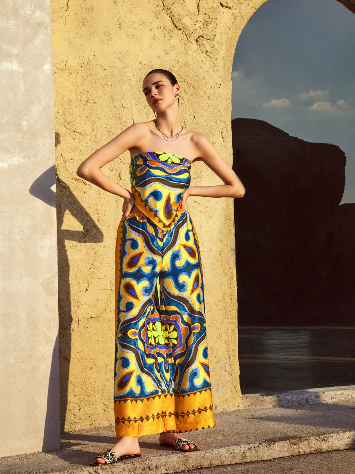 Women's Printed Strapless Wide Leg Pant Two-Piece Set 11