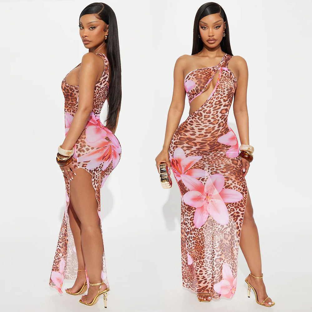 Slash Shoulder Hollow Sheer Mesh Print Dress for Women 3