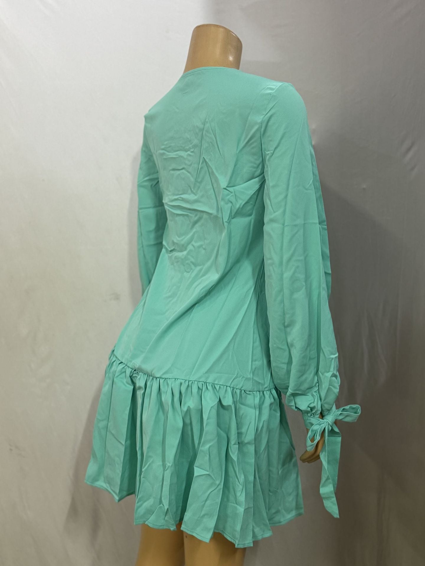 Women Casual U-neck Solid Long Sleeve Lace-Up Pleated Dress 10