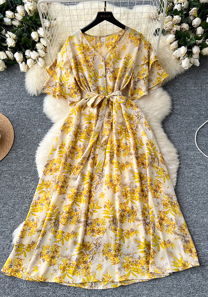 V-Neck Bell Sleeve Tie Waist A-Line Floral Dress
