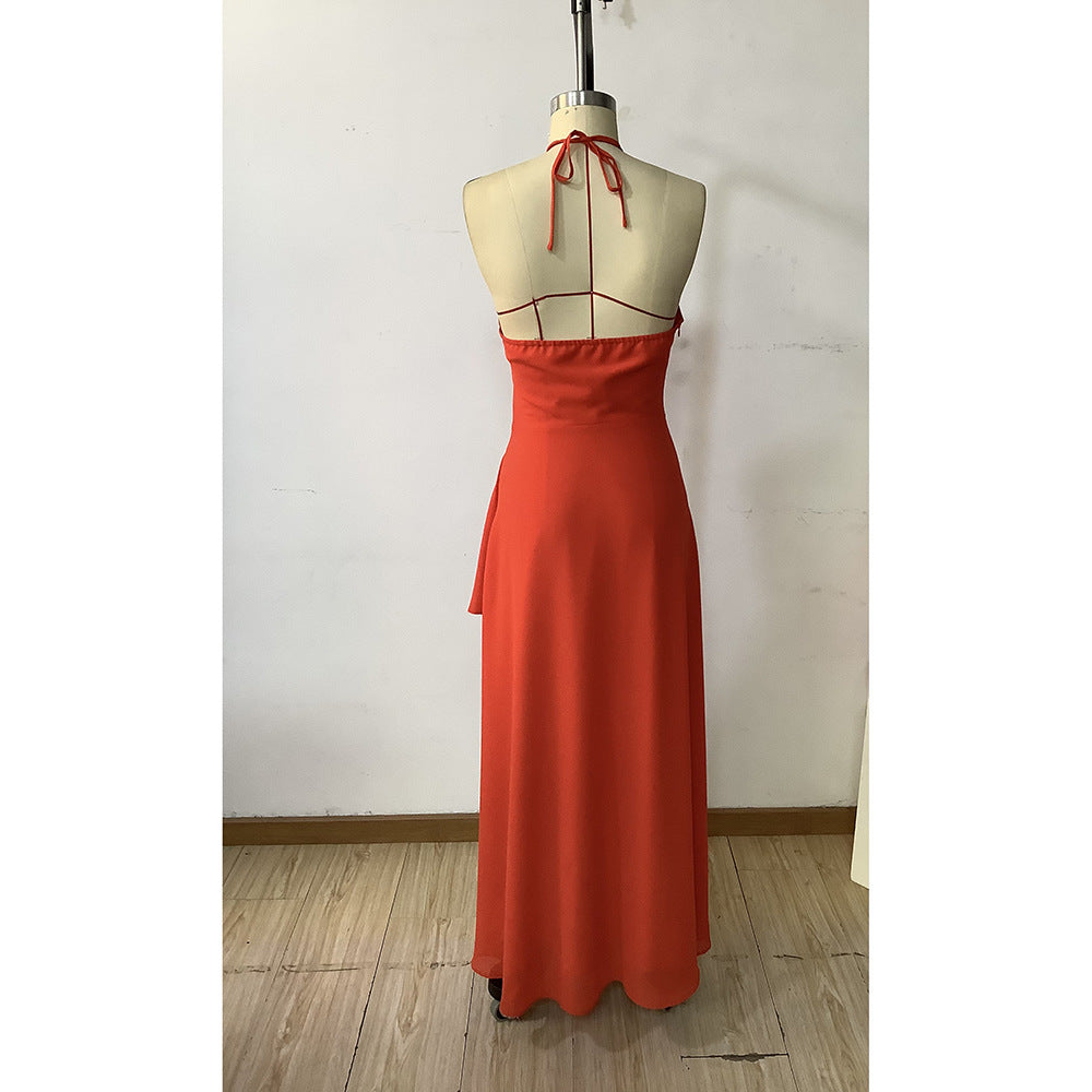 Women Elegant Halter Neck Strapless Backless Sleeveless Slit Ruffle Dress 8