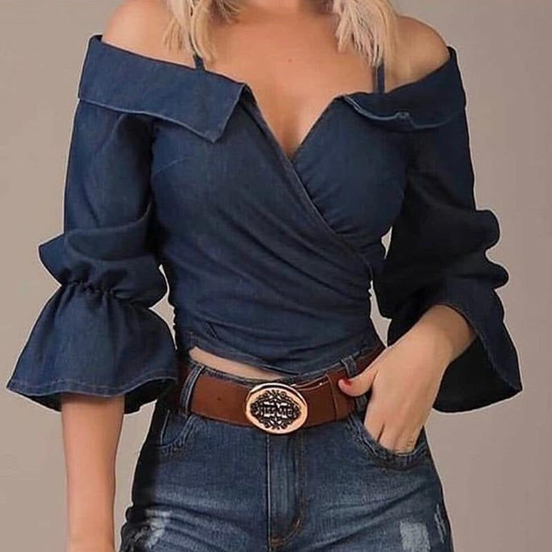 Women Clothes Women V Neck Off Shoulder Bell Bottom Sleeve Top