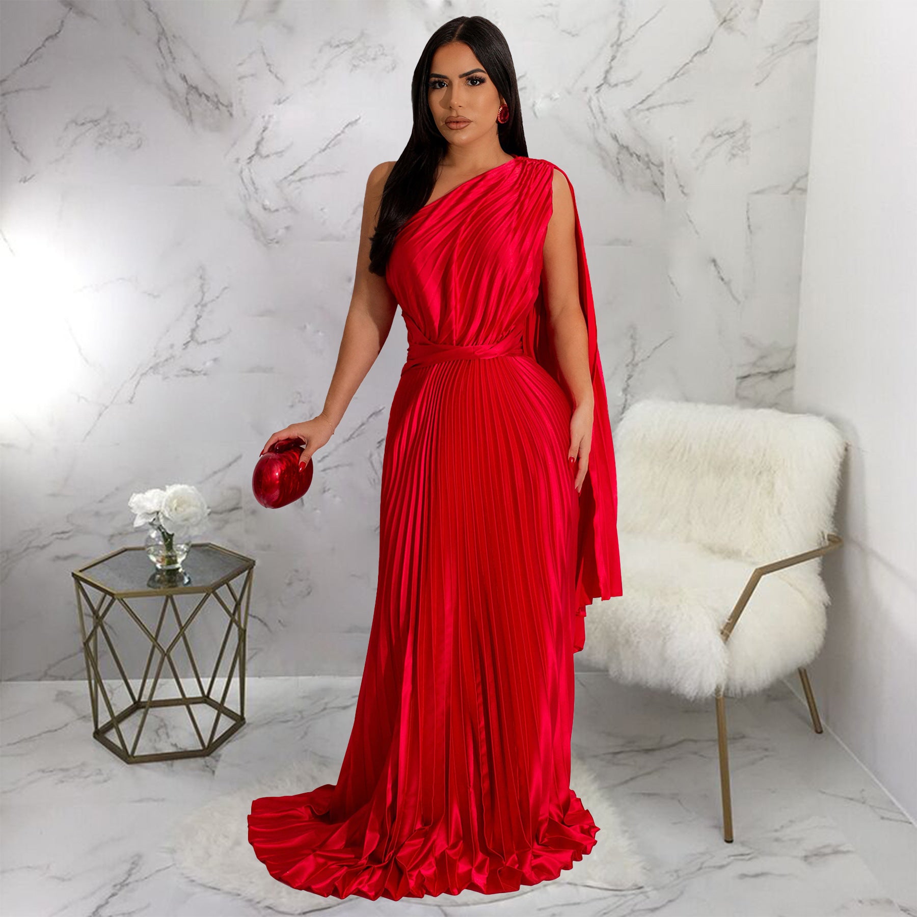 Women one-shoulder pleated Slash Shoulder dress 4