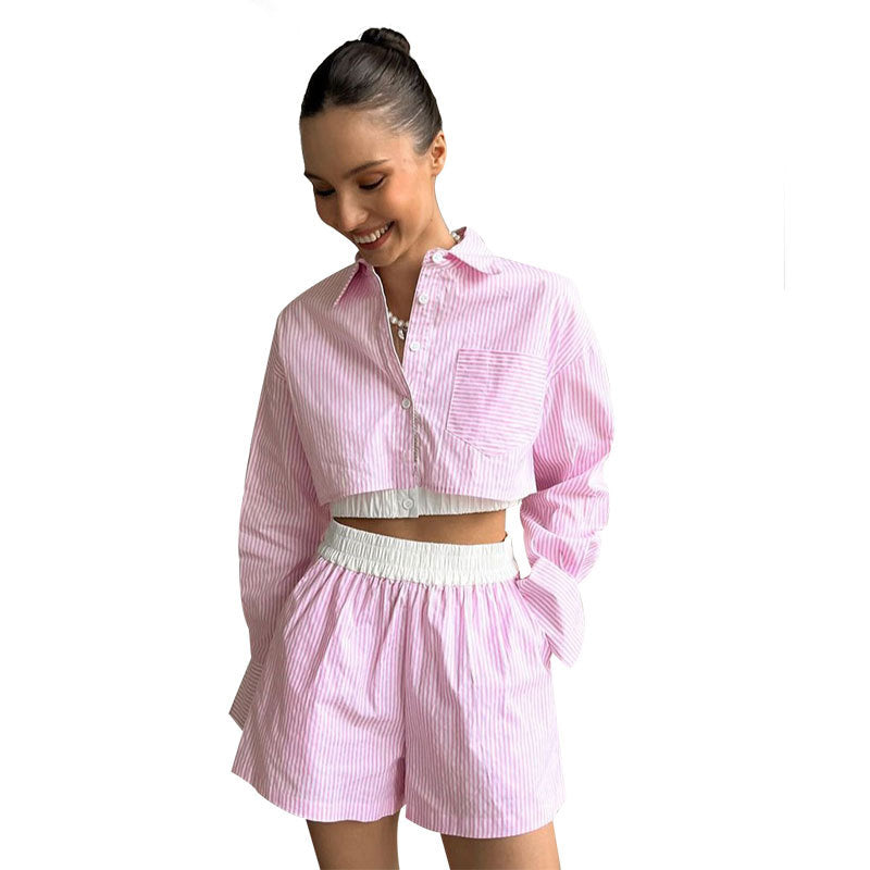 Fashion Casual Women Summer Striped Long Sleeve Shirt Elastic Waist Shorts Two-Piece Set 6