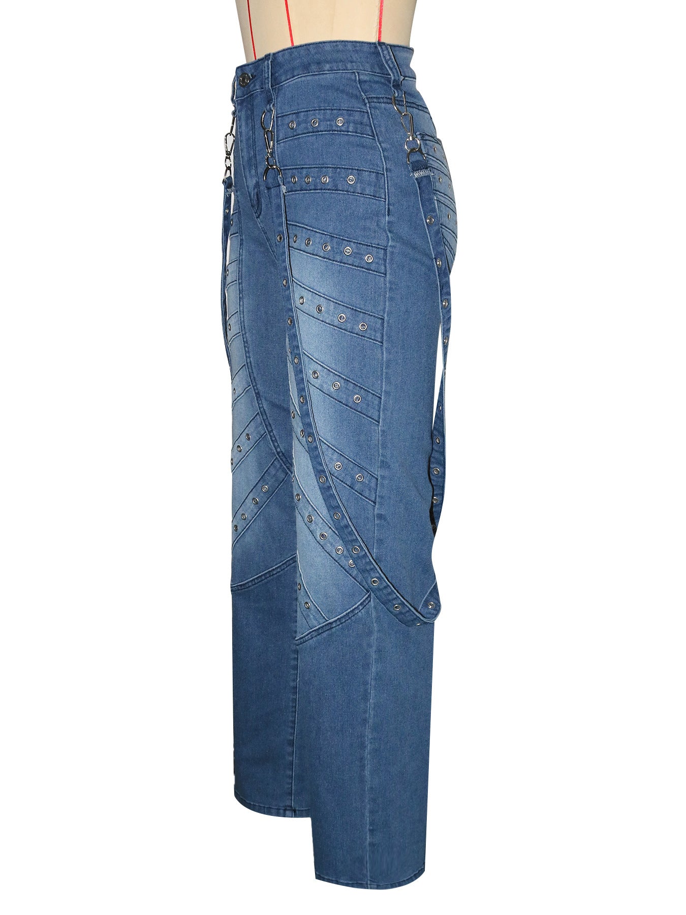 Women's Fashion High Waist Denim Pants Metal Studs Casual Trousers 7