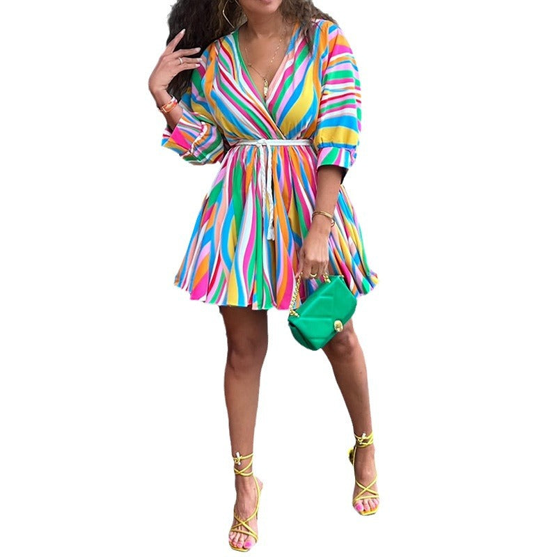 Women striped v-neck sexy belted dress 6