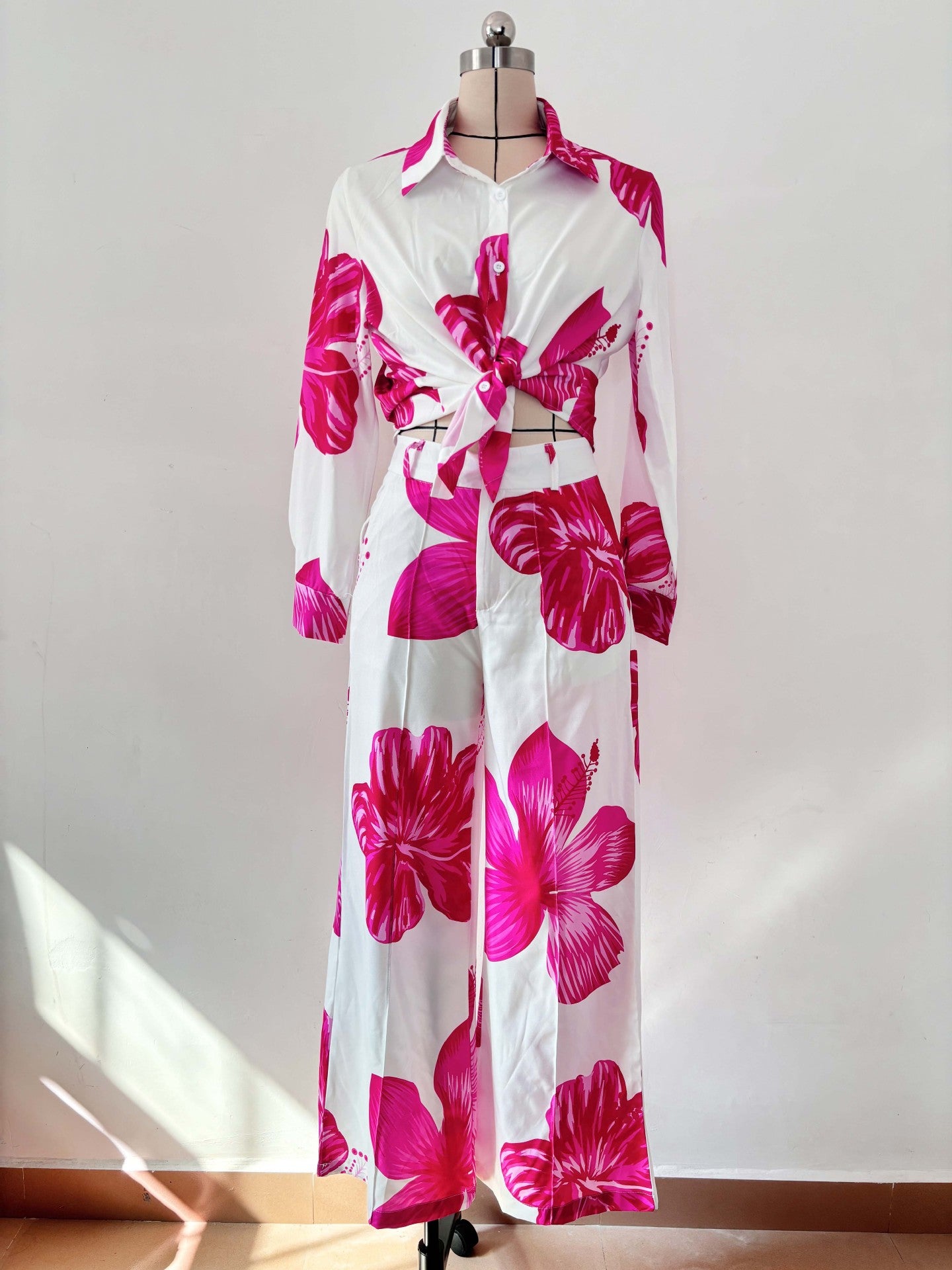 Women printed shirt and wide-leg pants Casual two-piece set 17