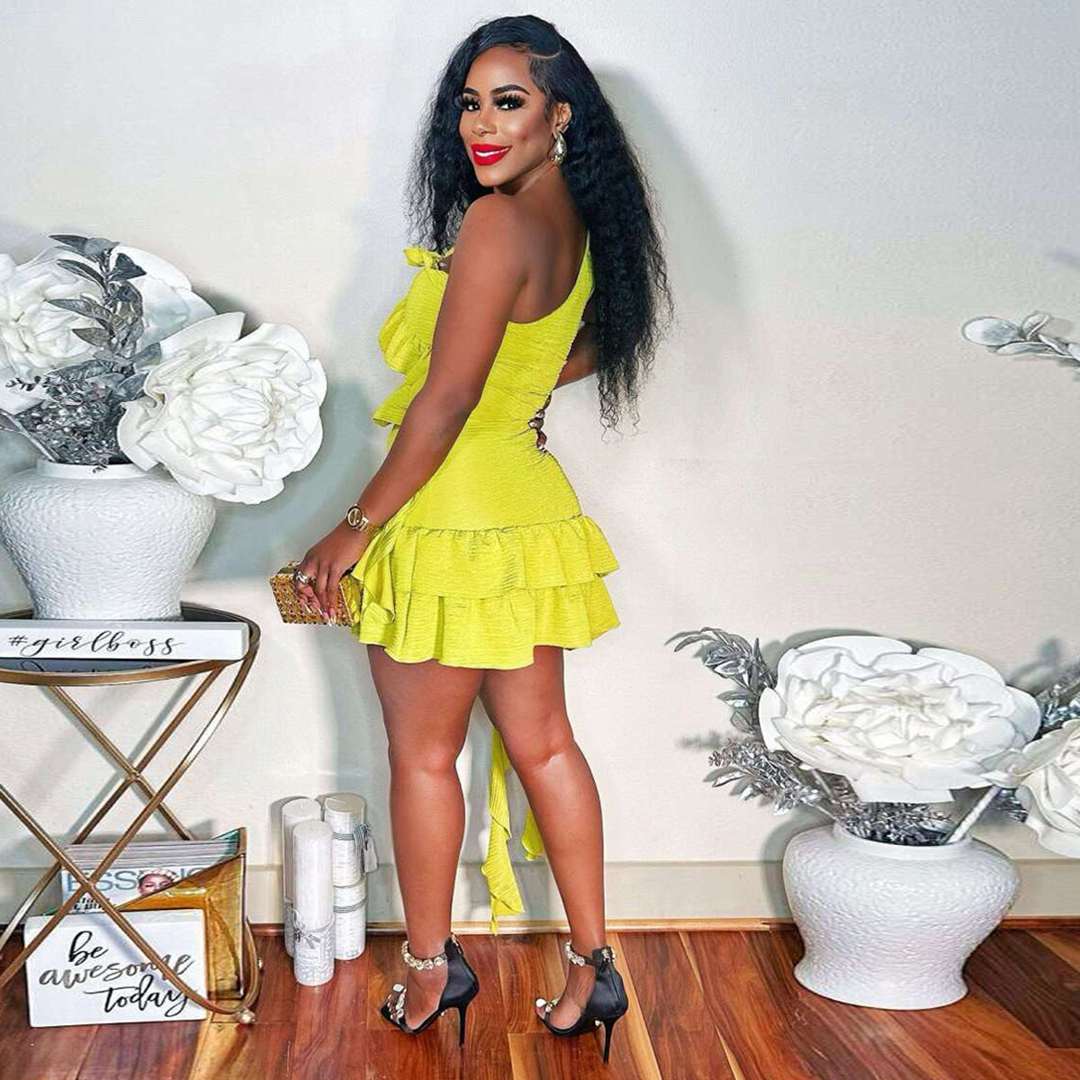 Women summer dress fringe ruffled shoulder Slash Shoulder Top and skirt two-piece set 6