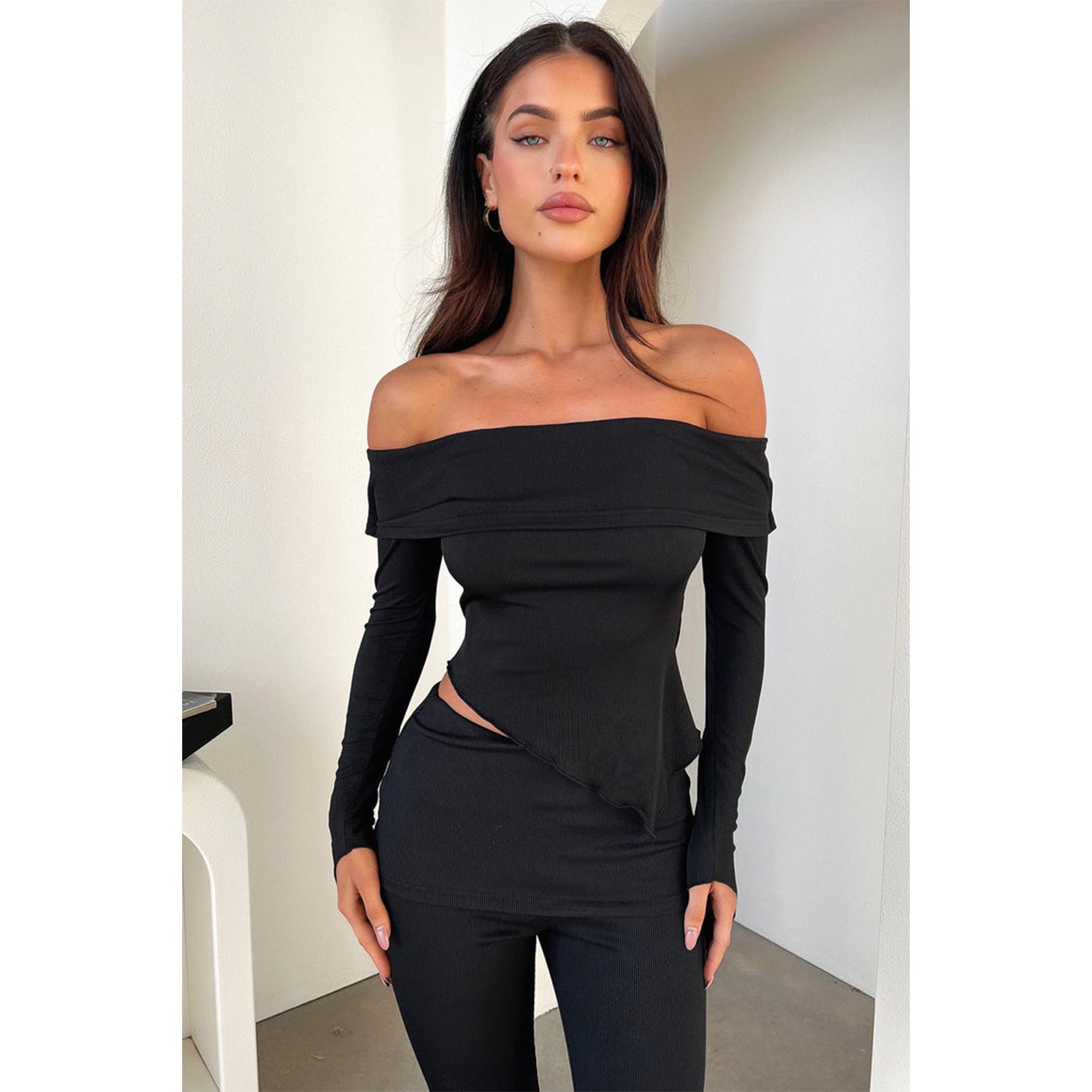 Women Irregular Off Shoulder Turndown Collar Top and Bell Bottom Pants Two-piece Set 5