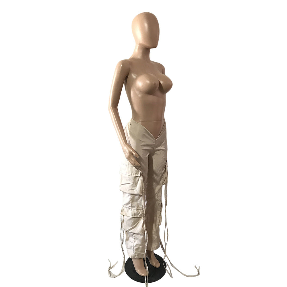 Women's Sexy Bright Lace-Up Multi Pocket Streetwear Casual Pants 13