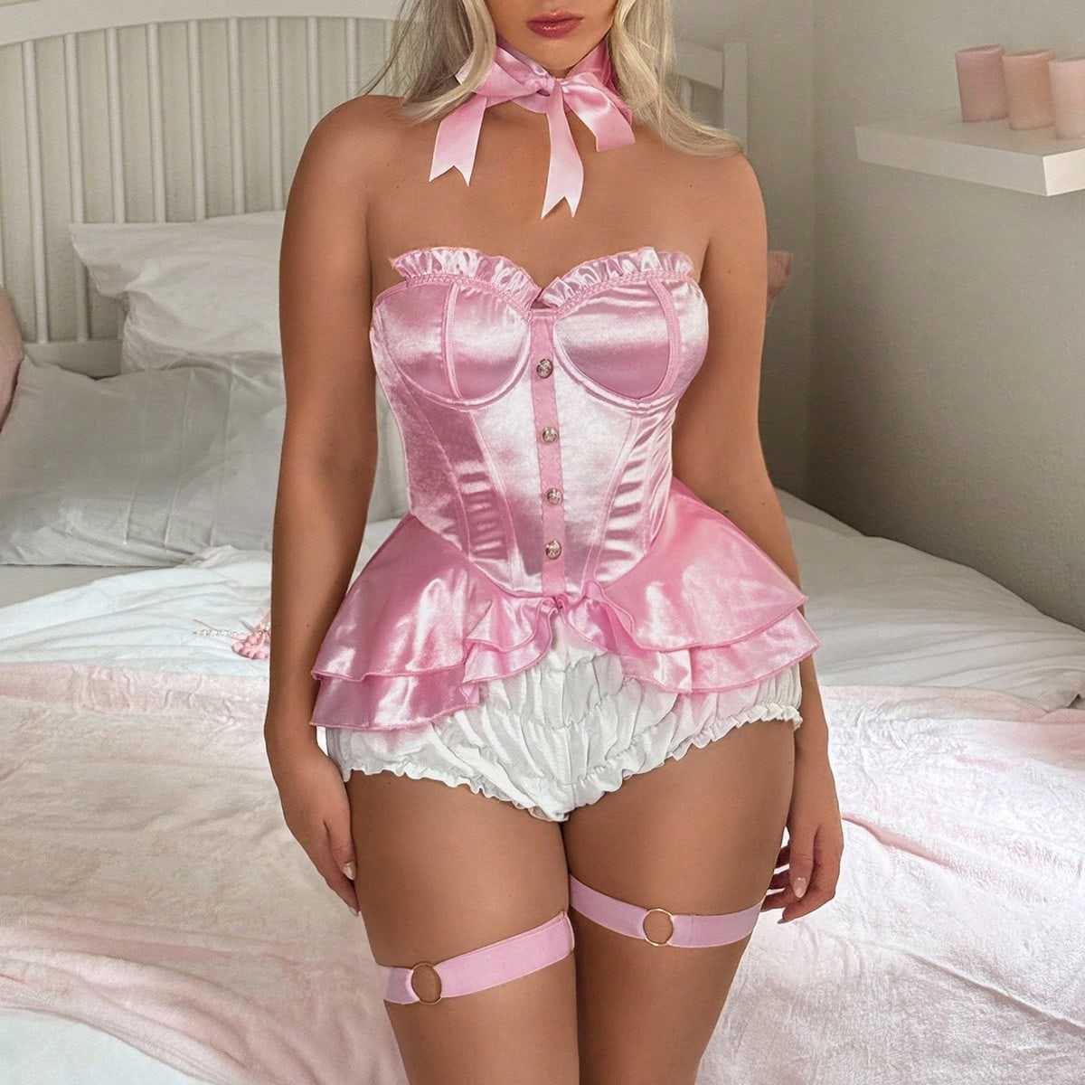 Women's Sexy Pink Lace Bow Bodysuit 5
