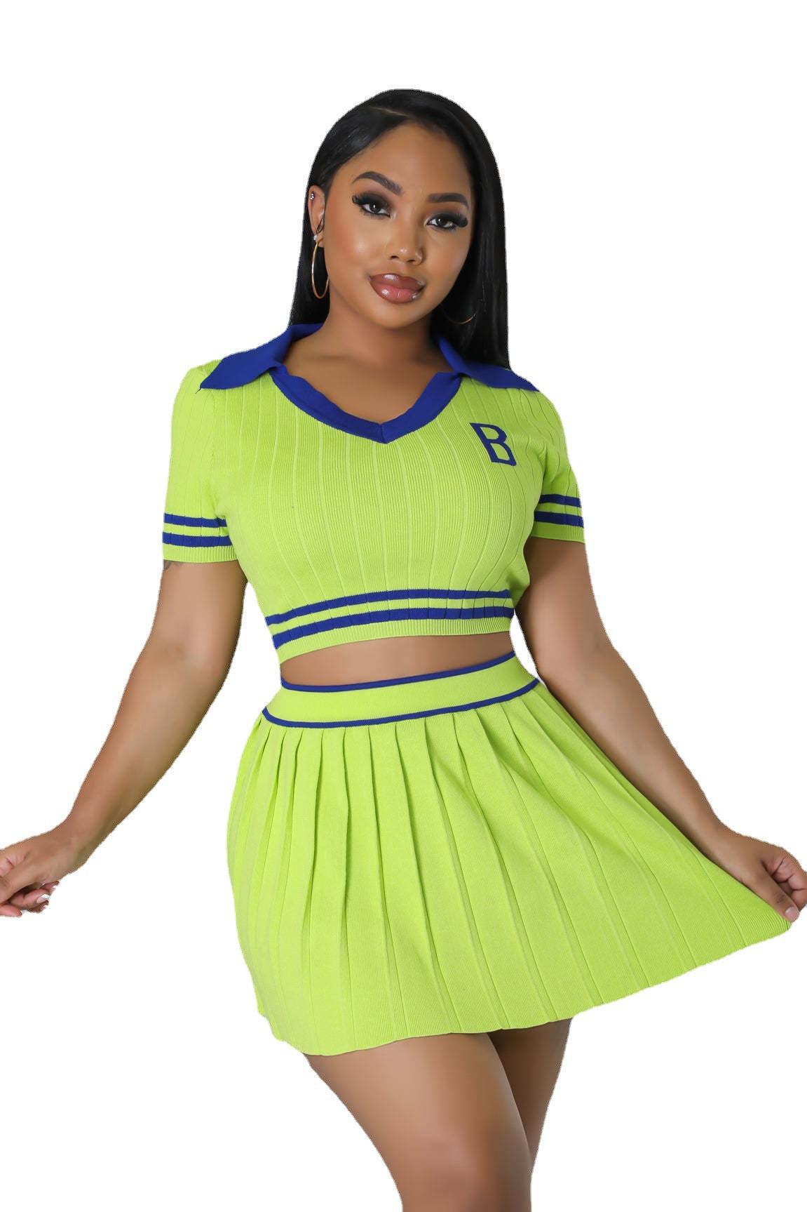 Women's Knitting Sports Pleated Skirt Cropped Short Sleeve Top Two Piece Set 4