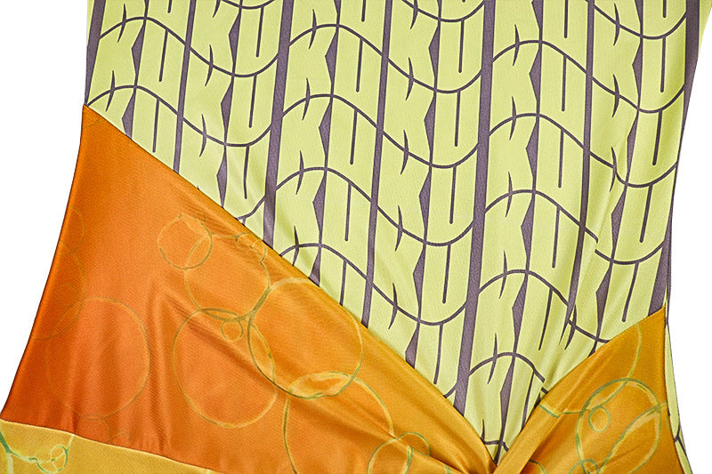 Fashion Patchwork Women's Printed Ruched Round Neck Long Sleeve Slit Dress 14