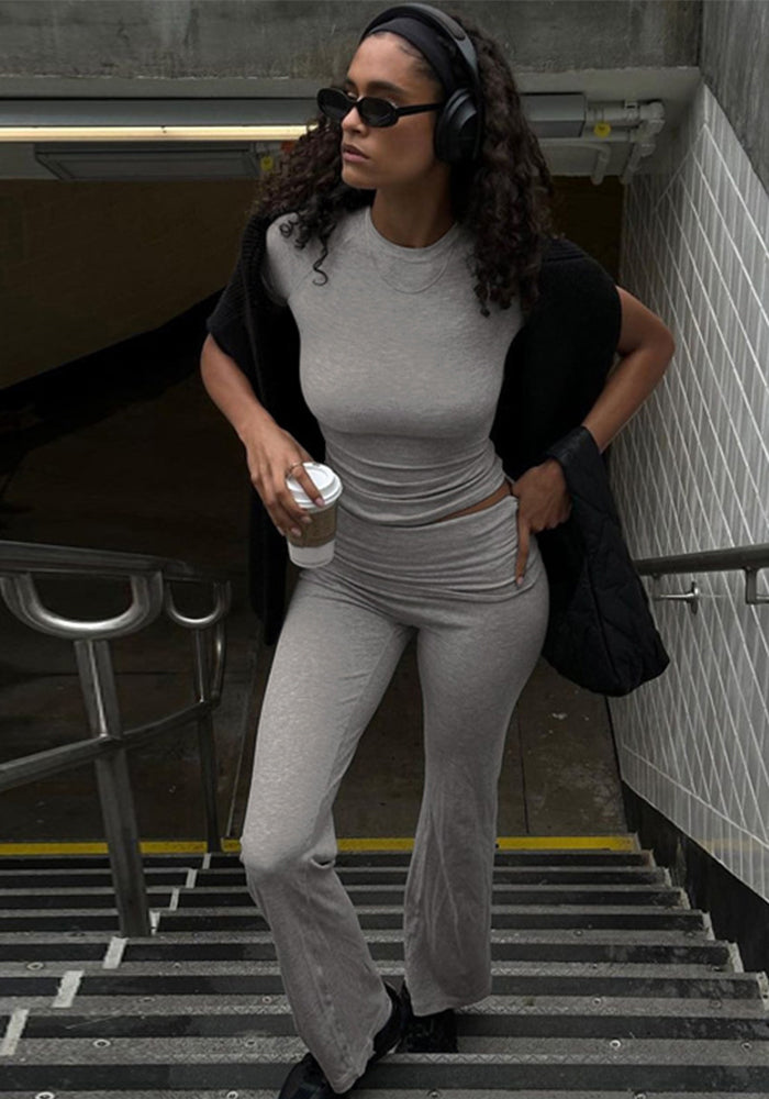 Women Spring Summer Crop Short Sleeve T-Shirt And Pants Two-piece Set