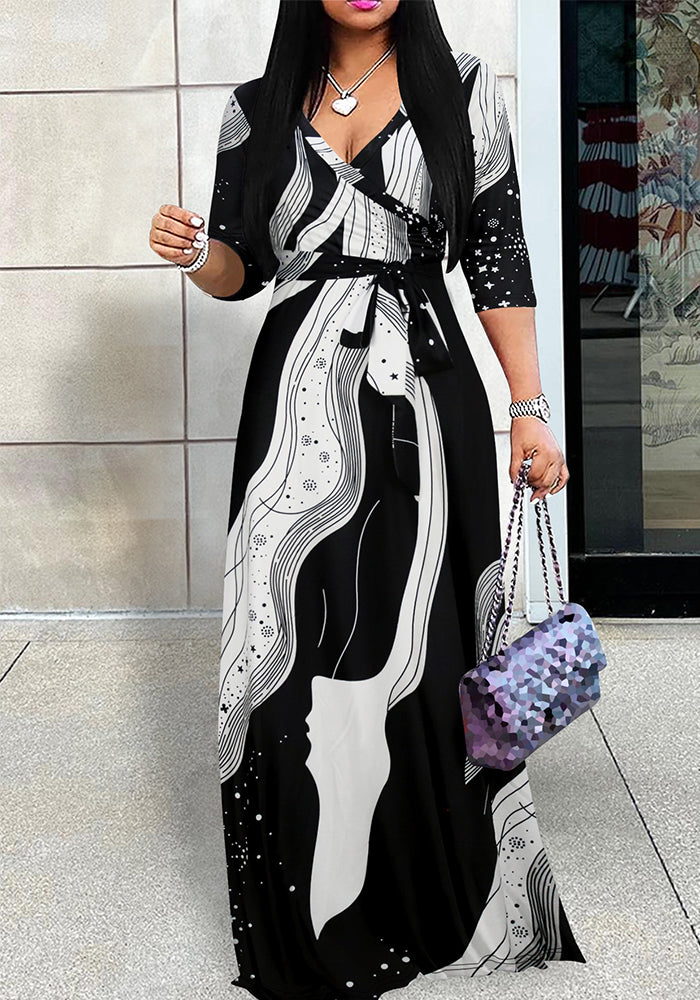 Spring Summer & Autumn Women's Fashion Elegant V-Neck Half-Sleeve Casual Long Dress