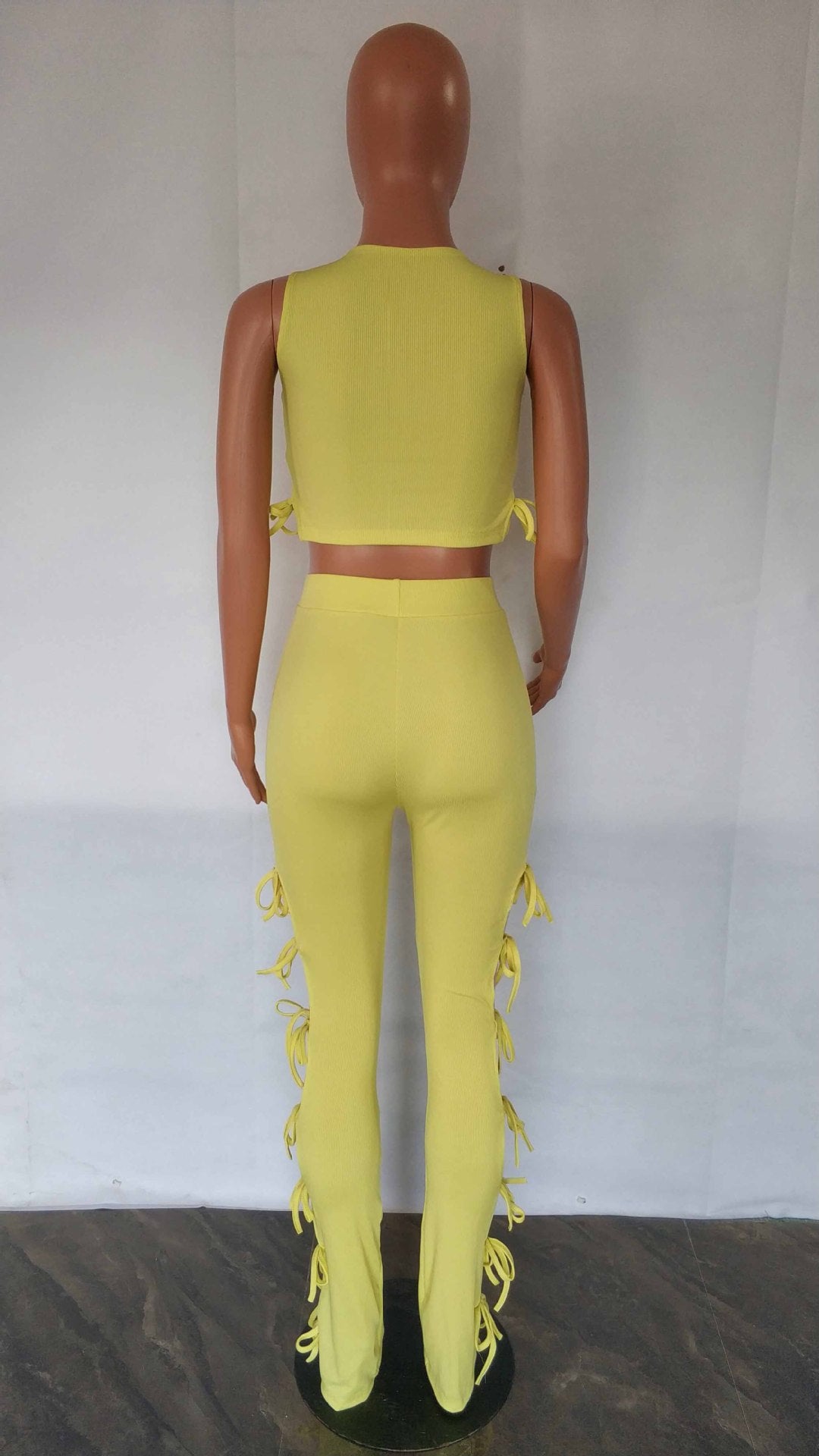 Women's Fashion Summer Style Cutout Tie Solid Color Ribbed Sleeveless Two-Piece Pants Set 19