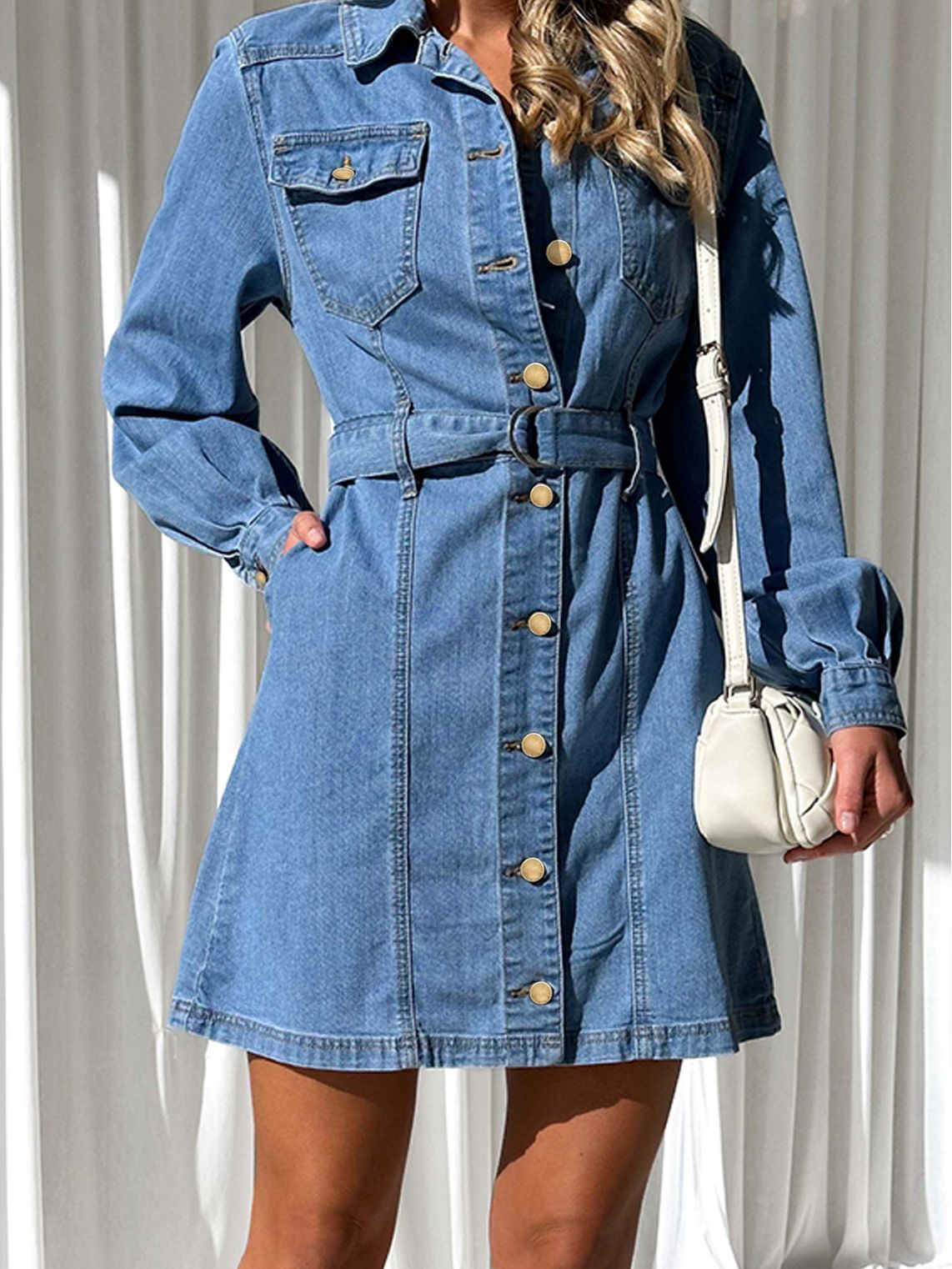 Fashionable Casual Button Tie Slim Fit Long Sleeve Denim Dress For Women 5