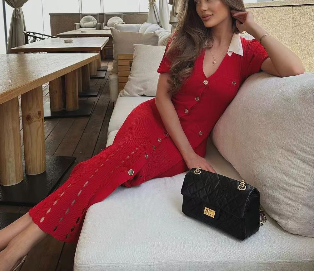 Women French Elegance Turndown Collar Contrast Hollow Short Sleeve Knitting Dress 7