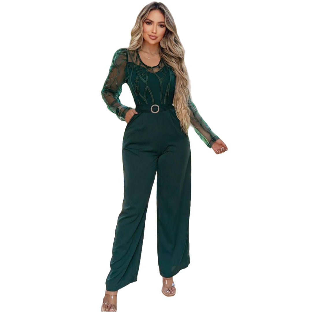 Women's Mesh See-Through Patchwork Embroidery Sexy Jumpsuit (Includes Belt) 8
