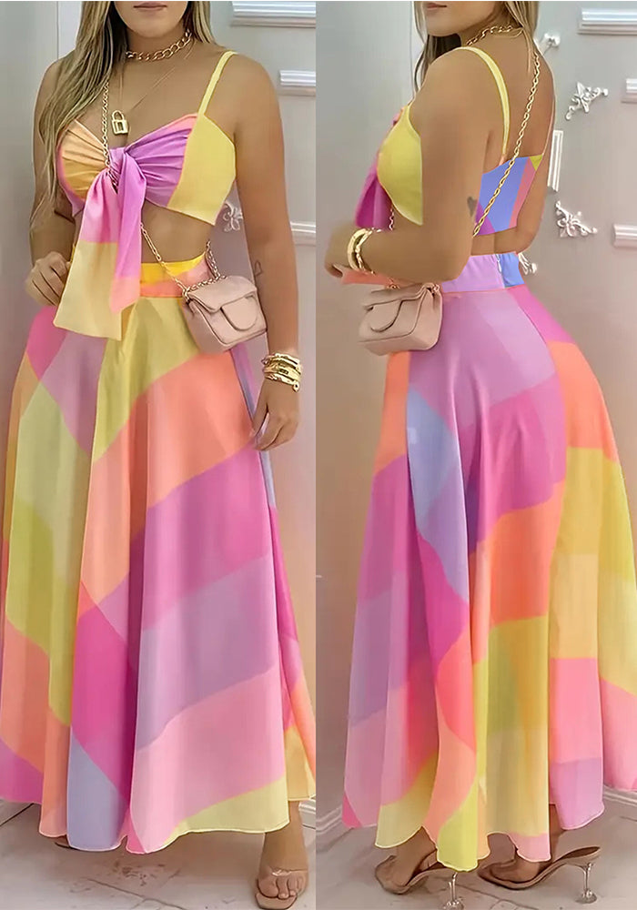 Sexy strap lace-up geometric print zippered skirt and crop top beach set